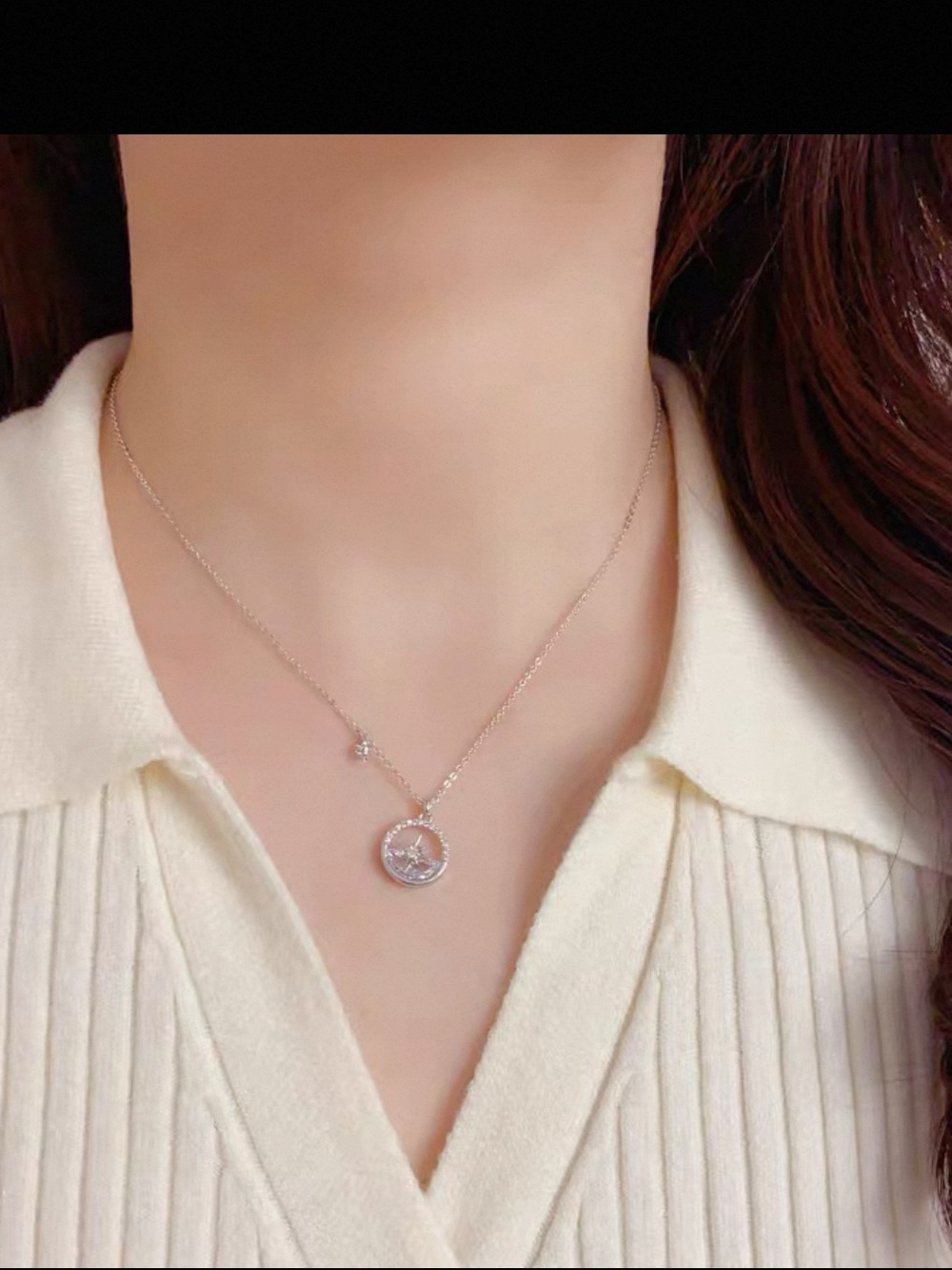 Silver Tone North Star Compass Pendant Necklace with CZ Adjustable Chain